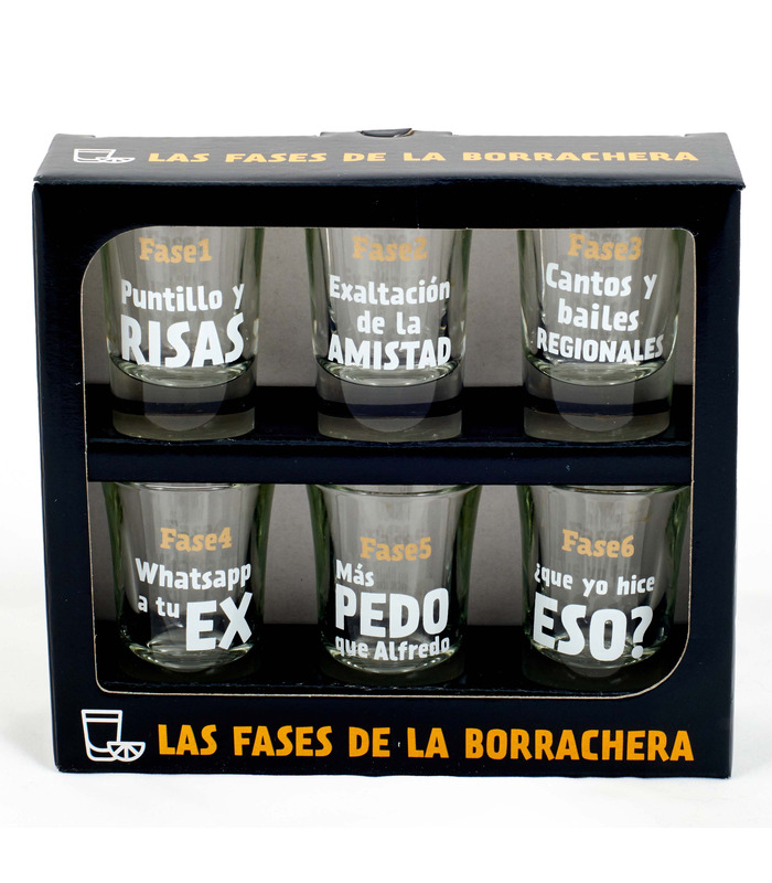 Pack de 6 vasos de chupito: las fases de la borrachera